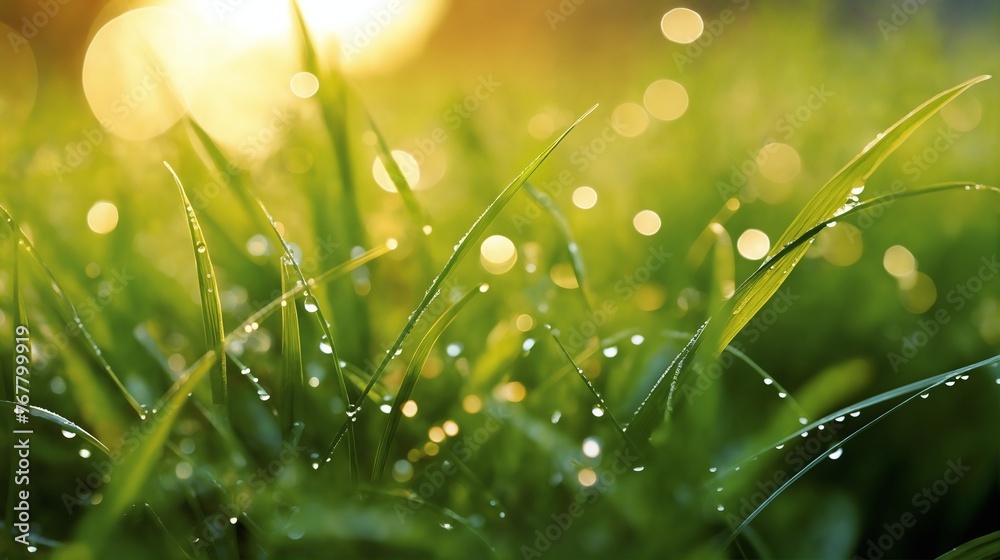 Fototapeta premium a beautiful spring landscape with dew on the grass in a forest glade after rain, sunlight and beautiful nature