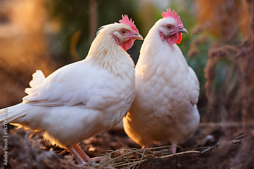 Portrait of chickens on a green grass meadow, bright sunny day, on a ranch in the village, rural surroundings on the background of spring nature Portrait of chickens on a green grass meadow, bright sunny day, on a ranch in the village, rural surroundings on the background of spring nature