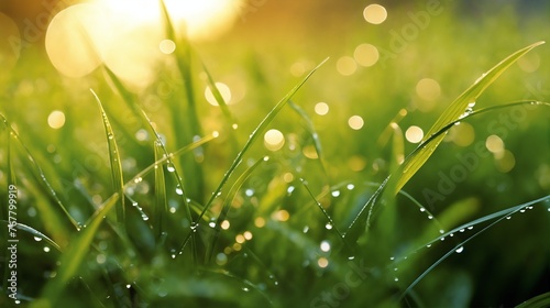 a beautiful spring landscape with dew on the grass in a forest glade after rain, sunlight and beautiful nature © soleg