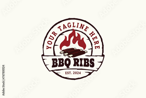 BBQ ribs logo with a combination of ribs, grill, flame and beautiful lettering in a vintage and rustic style. This is suitable for fast food, restaurants, cafes, food trucks, etc.