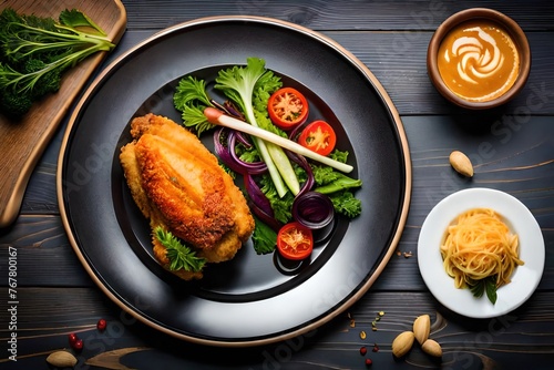 Fresh piece of crispy fried chicken with salads & sauces on the plate restaurant decoration.