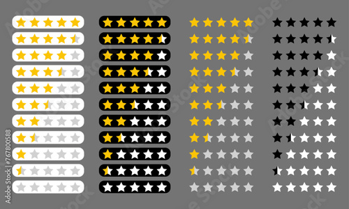  Five stars customer product rating review. Rating stars badges. Feedback or Rating. 5 star rating icon. Vector illustration isolated on gray background.