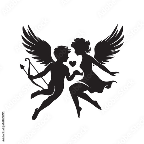 Silhouette of Cupid Couple: Romantic Lovebirds Embracing in Affectionate Embrace, cupid couple vector stock.
