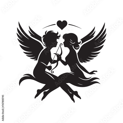 Silhouette of Cupid Couple: Romantic Lovebirds Embracing in Affectionate Embrace, cupid couple vector stock.