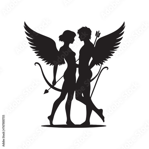 Silhouette of Cupid Couple: Romantic Lovebirds Embracing in Affectionate Embrace, cupid couple vector stock.