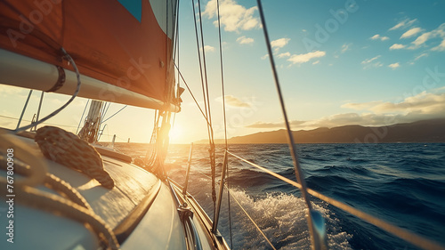 sailing yacht in motion close-up  at sunset walking on the waves  travel and freedom  background copy space