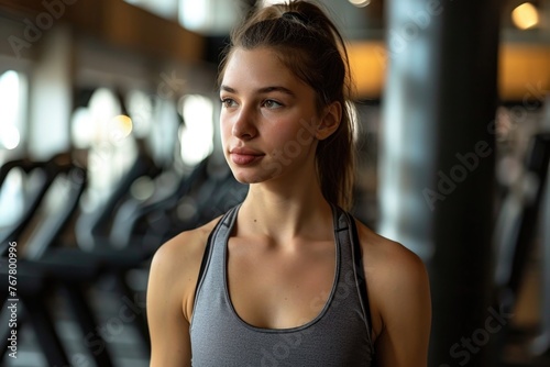 Confident young woman wearing a sport tank top standing alone in a gym after a workout session Free Download Confident young woman wearing a sport tank top standing alone in a gym after a workout session - GFXLoad