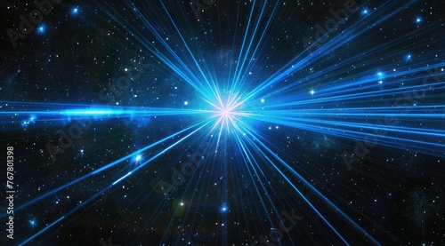 Bright cosmic explosion in starry space - An illustration of a bright cosmic explosion with rays emanating from a central point on a starry space background, depicting energy and the universe