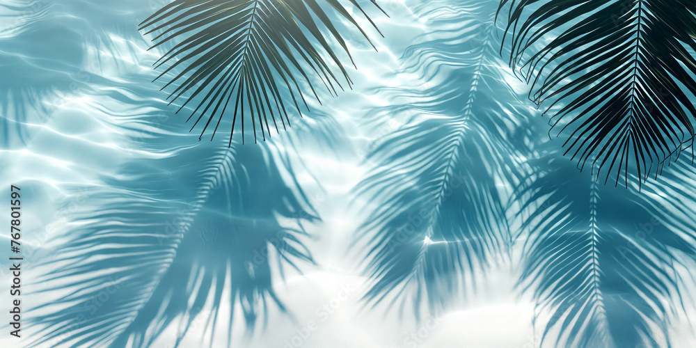Top view of tropical leaf shadow on on white sand beach and water surface. Abstract concept banner for summer at the beach. Top view of tropical leaf shadow on on white sand beach and water surface. Abstract concept banner for summer at the beach.