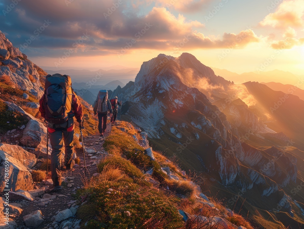 Trekking Adventure at Sunset in Mountains
. Group of hikers on a mountain trail at sunrise, using eco-friendly gear, surrounded by panoramic views of untouched wilderness. 