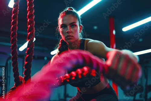 Fitness gym woman trains with battle ropes.