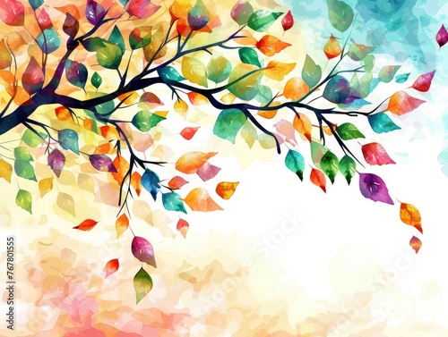 Colorful abstract tree branch with leaves - An artistic interpretation of a tree branch with multicolored leaves against a soft  textured background