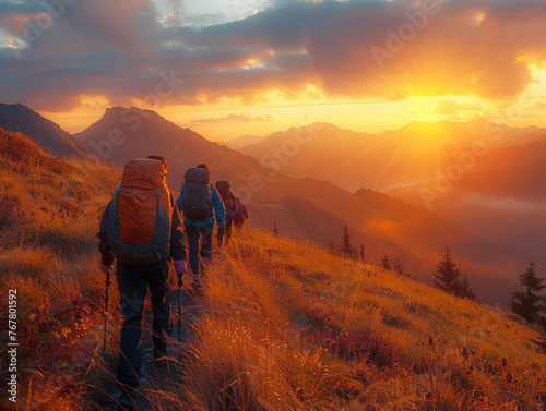 Trekking Adventure at Sunset in Mountains . Group of hikers on a mountain trail at sunrise, using eco-friendly gear, surrounded by panoramic views of untouched wilderness. 