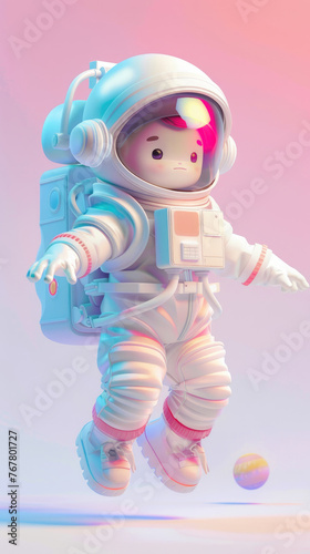 Cute astronaut character in pink hues - This adorable 3D illustration depicts a cute astronaut character with pink highlights in a whimsical spacewalk