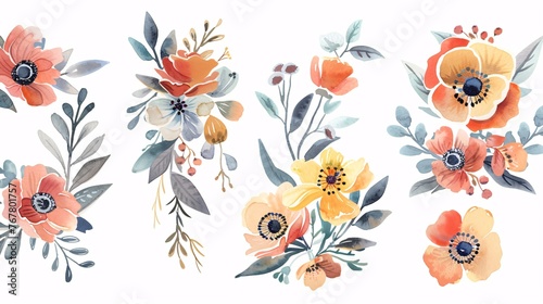 The Art of Nature  Set of Watercolor Flowers Painting, Featuring Floral Vintage Bouquets with Wildflowers and Leaves for a Touch of Elegance in Decor © Saran