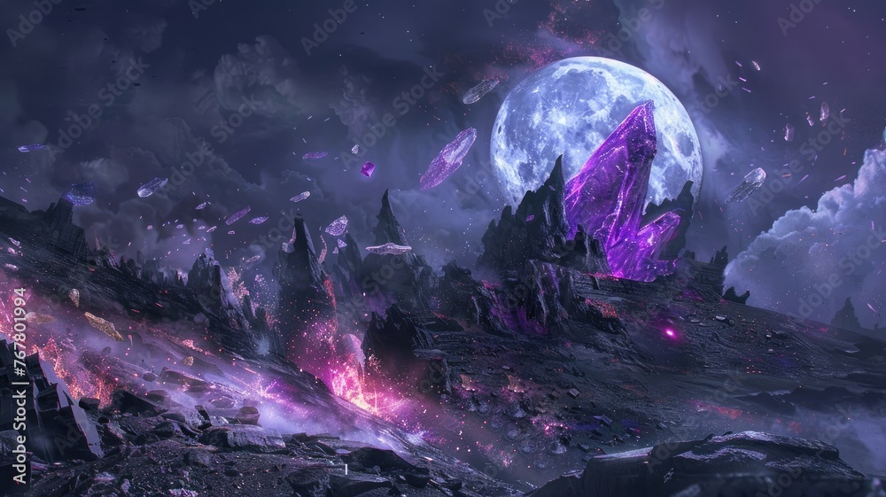 custom made wallpaper toronto digitalFantasy Moon over crystalline landscape - A fantasy nightscape featuring a large moon over a landscape adorned with purple luminous crystals, and floating rocks
