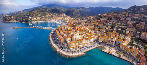 Italy , Tuscany summer destination- beautiful coastal town Porto Santo Stefano , Grosseto province. Panoramic aerial drone view