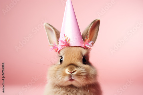 Happy Easter Bunny on pastel pink background.