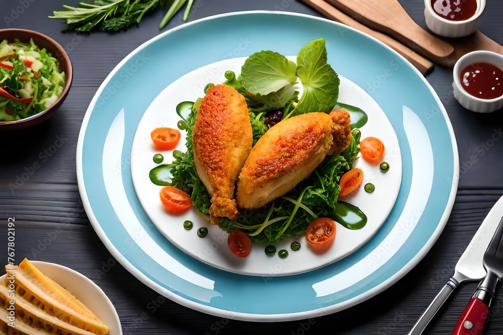 Fresh piece of crispy fried chicken with salads & sauces on the plate restaurant decoration. Fresh piece of crispy fried chicken with salads & sauces on the plate restaurant decoration.