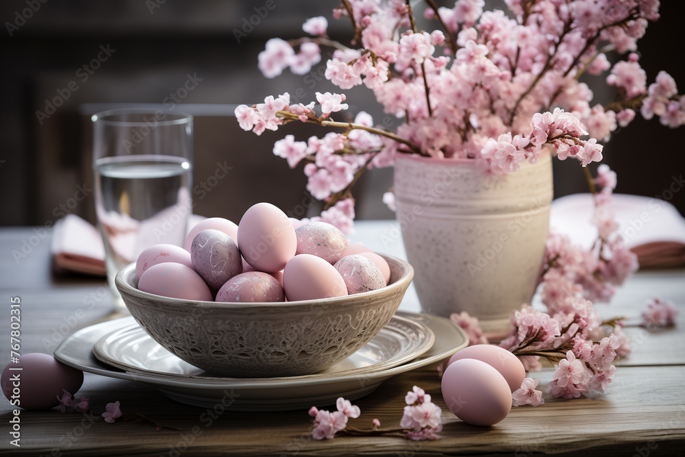 Easter table setting with spring bouquet and easter eggs