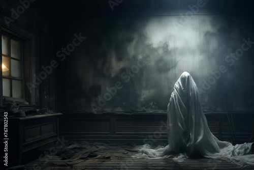Creepy ghost in dark haunted house. Halloween concept.