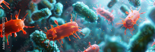 A 3D render of bacteria interacting with immune cells in the body  representing microbial defense mechanisms