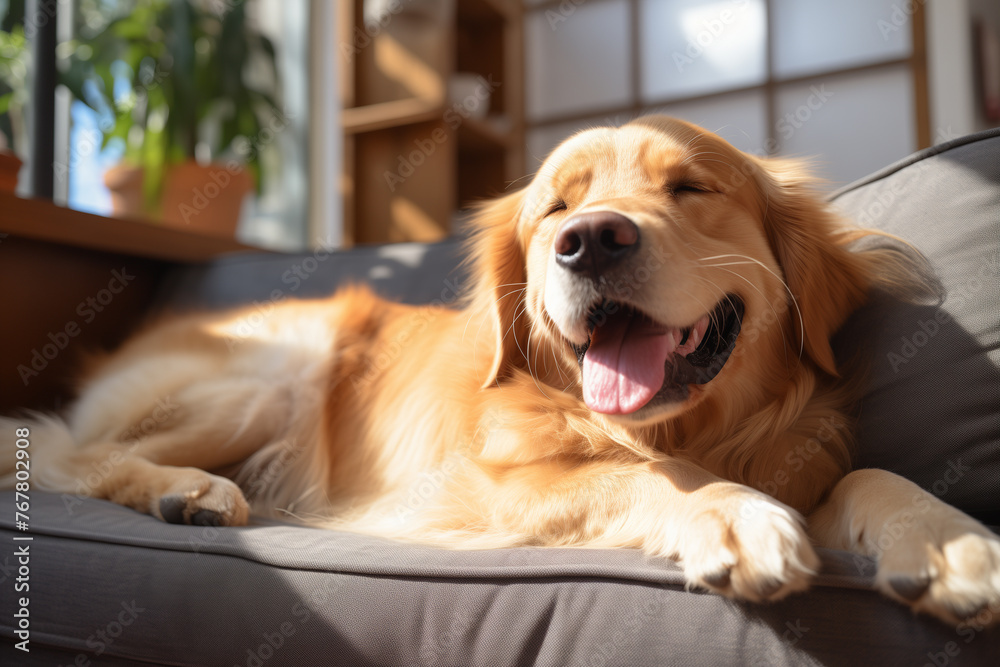 Happy golden retriever dog is lying on a cozy sofa in a modern living room Happy golden retriever dog is lying on a cozy sofa in a modern living room