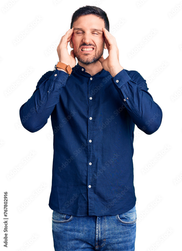 Young handsome man wearing casual shirt with hand on head, headache because stress. suffering migraine. Young handsome man wearing casual shirt with hand on head, headache because stress. suffering migraine.