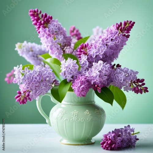 bouquet of vibrant purple lilac flowers arranged in an elegant pale green vase against soft green background. concepts: spring bloom, seasonal promotions, gardening, home decor, greeting cards