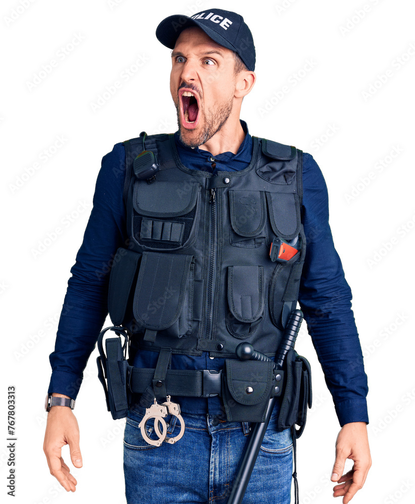 Young handsome man wearing police uniform angry and mad screaming frustrated and furious, shouting with anger. rage and aggressive concept. Young handsome man wearing police uniform angry and mad screaming frustrated and furious, shouting with anger. rage and aggressive concept.