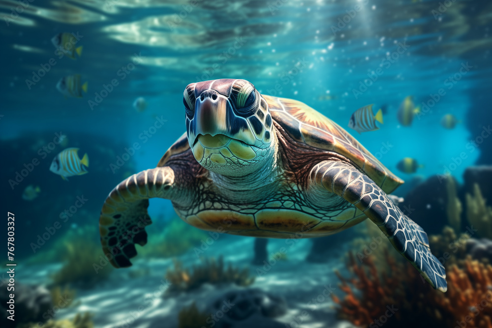 Fototapeta premium Majestic sea turtle swimming in ocean depths