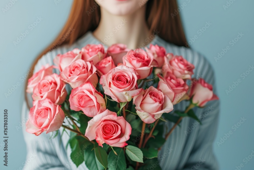 Woman with bouquet of beautiful roses on light blue background closeup Woman with bouquet of beautiful roses on light blue background closeup