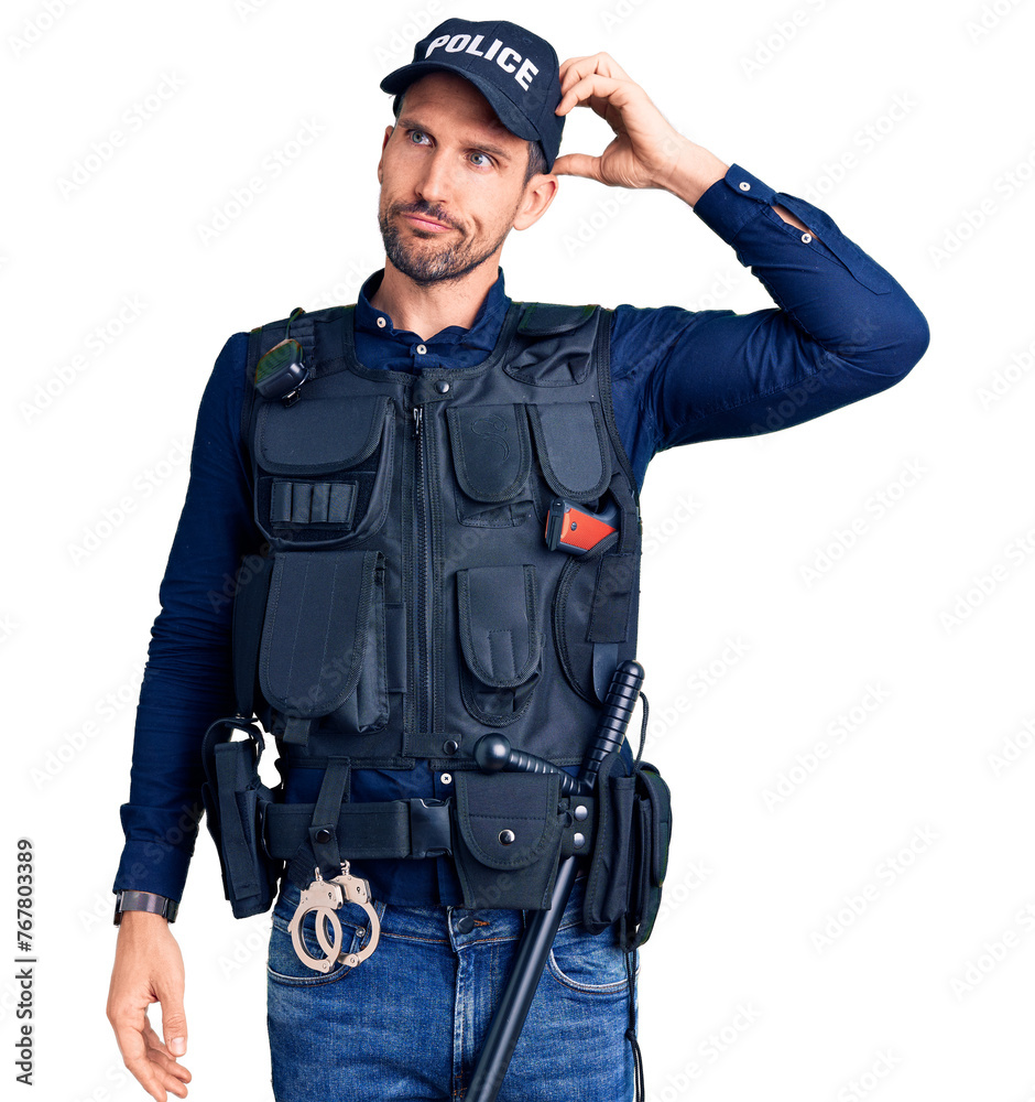 Young handsome man wearing police uniform confuse and wondering about question. uncertain with doubt, thinking with hand on head. pensive concept. Young handsome man wearing police uniform confuse and wondering about question. uncertain with doubt, thinking with hand on head. pensive concept.