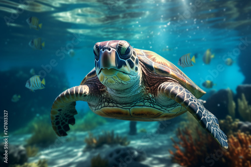 Majestic sea turtle swimming in ocean depths