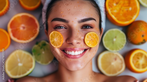 Woman applying an orange cross-section face mask, rich in vitamin C, rejuvenating her skin and providing a boost of nourishment and hydration. photo
