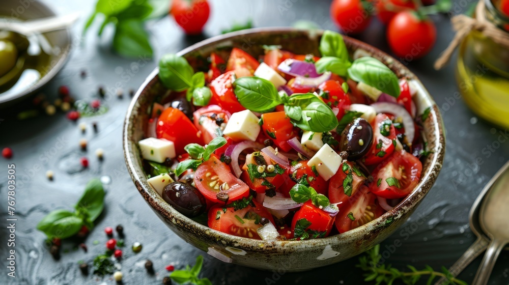 Fresh Salad Bowl With Tomatoes, Olives, Onions, and Herbs