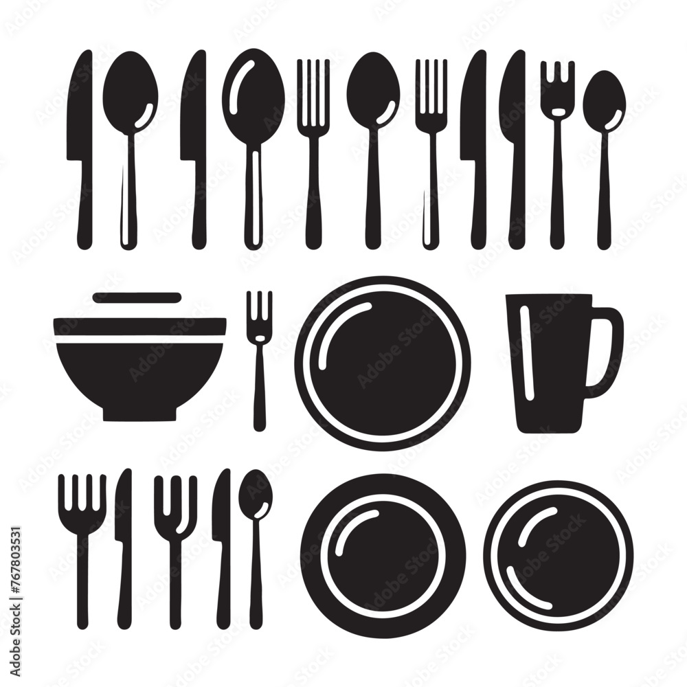 Vector Silhouette of Spoon, Fork, and Plates: Dining Utensils in Elegant Table Setting. Vector Silhouette of Spoon, Fork, and Plates: Dining Utensils in Elegant Table Setting.