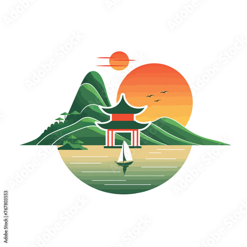 a picture of a pagoda in the middle of a body of water