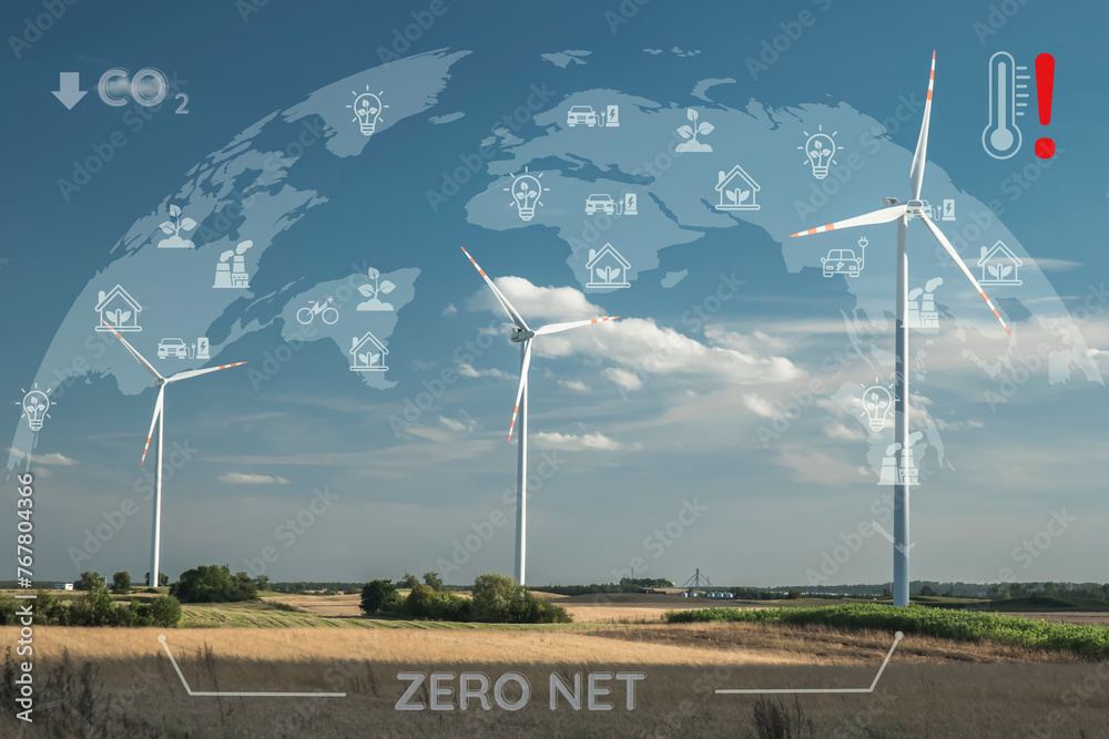 Koncepcja zerowej emisji dwutlenku węgla poprzez wprowadzanie nowoczesnych technologii - elektrowni wiatrowych. - obrazy, fototapety, plakaty 