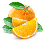 Orange with leaves and orange slices on white background. File contains clipping path.
