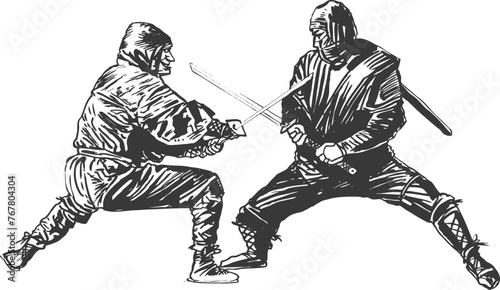  Two men ninja in a battle. Drawing sketch. Vector