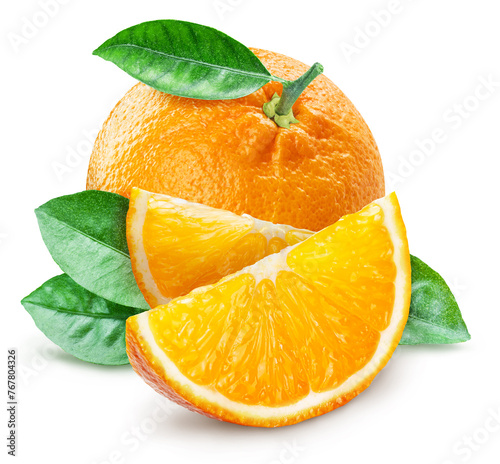 Orange with leaves and orange slices on white background. File contains clipping path.
