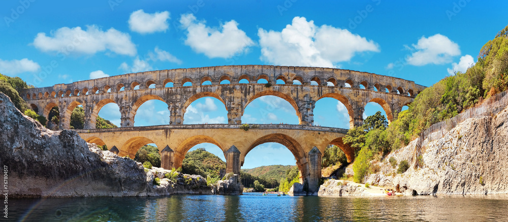 The Pont du Gard is an ancient Roman aqueduct, that is depicted  on five euro note. France, summer 2022.