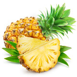 Pineapple and pineapple slices on white background. File contains clipping path.