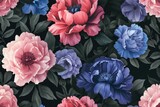 Vintage floral pattern with blue and pink peonies on black background.