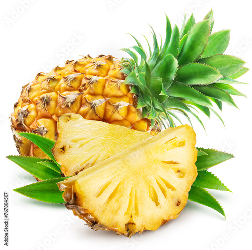 Pineapple and pineapple slices on white background. File contains clipping path.