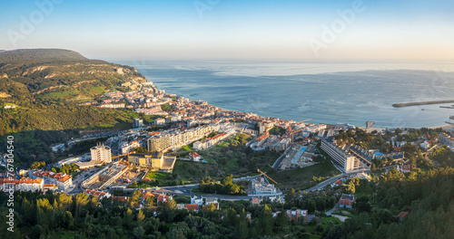 Drone aerial view on Sesimbra, fishing town in Setubal district in Portugal. © volff