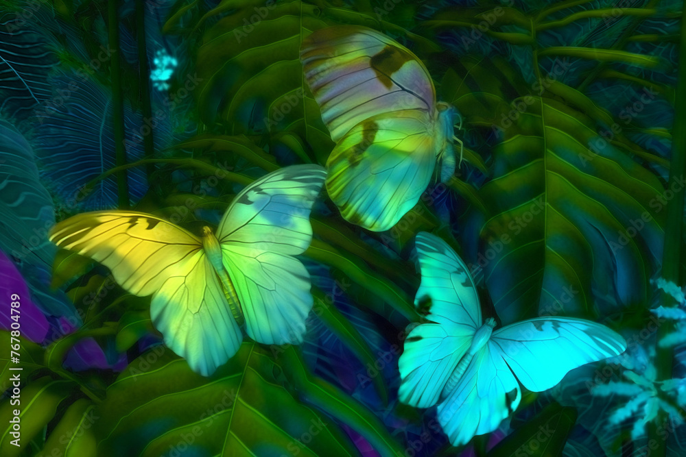 Naklejka premium Three butterflies are flying in a lush green forest