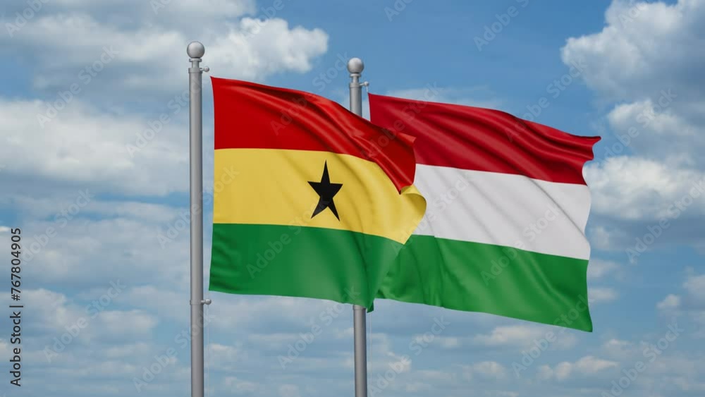 Hungary and Ghana two flags waving together, looped video, two country relations concept Hungary and Ghana two flags waving together, looped video, two country relations concept
