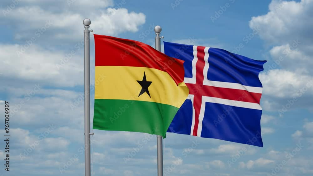 Iceland and Ghana two flags waving together, looped video, two country cooperation concept Iceland and Ghana two flags waving together, looped video, two country cooperation concept